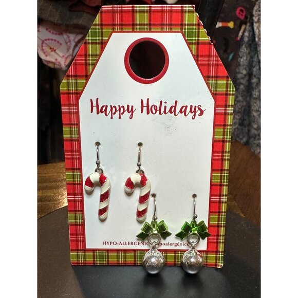 Holiday Hypo Allergenic Candy Cane Bell Earrings Set With Festive Plaid Backing - Picture 3 of 8